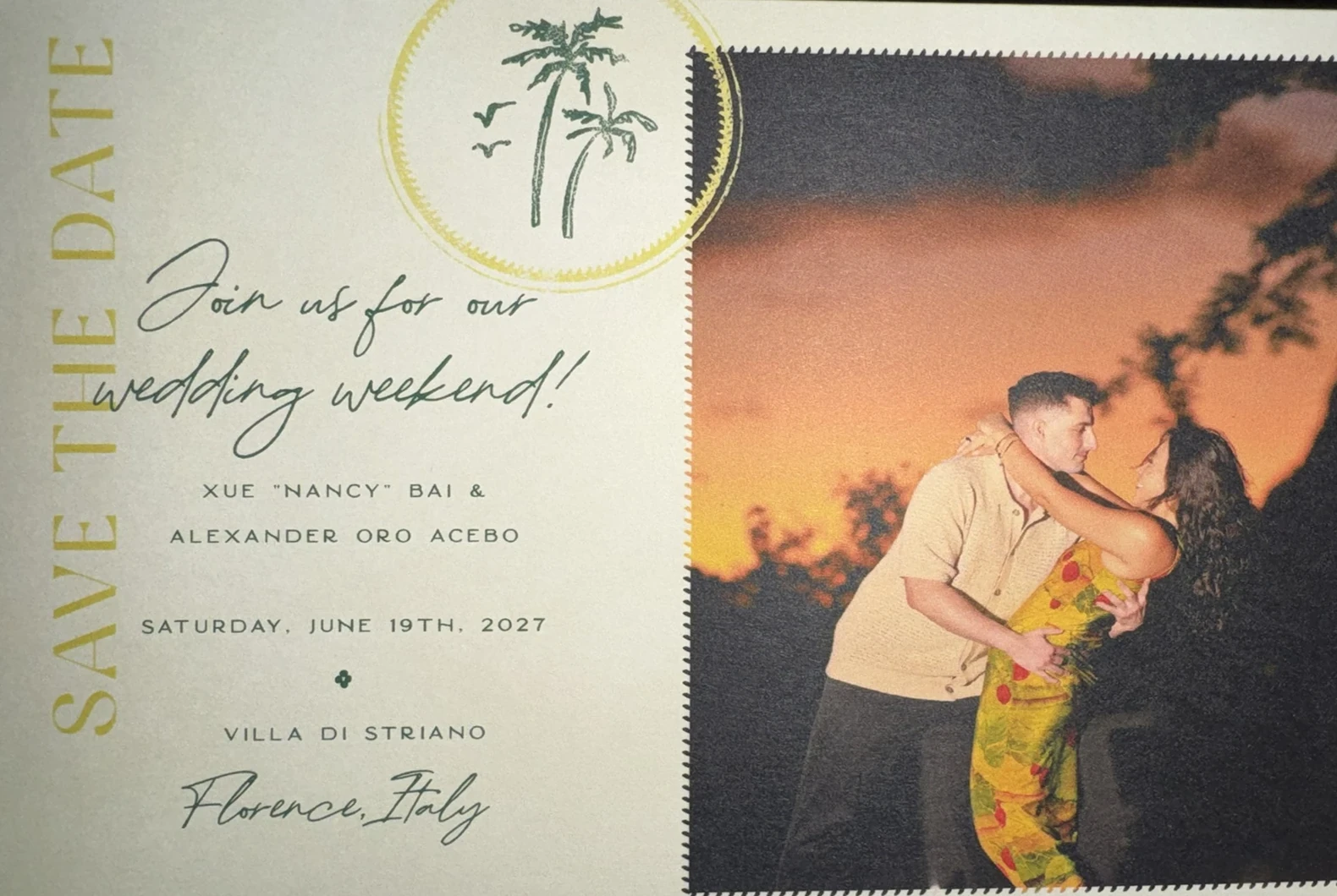 Save the date for Nancy and Alexander, June 19, 2027 at Villa di Striano in Florence, Italy