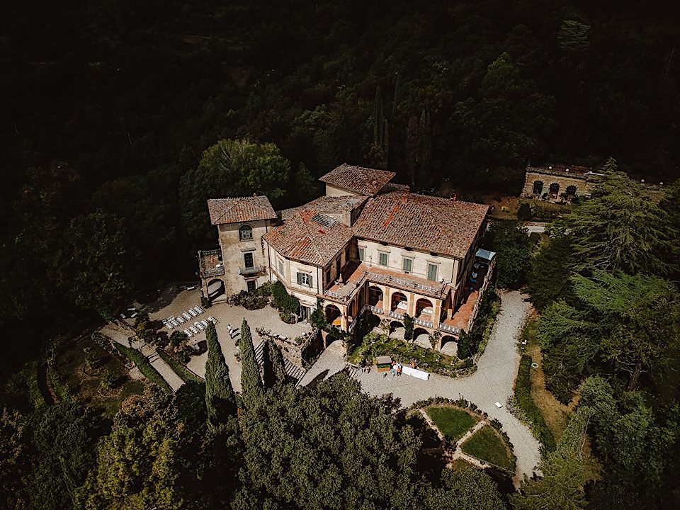 Aerial view of Villa di Striano set in the Tuscan hills of the Mugello